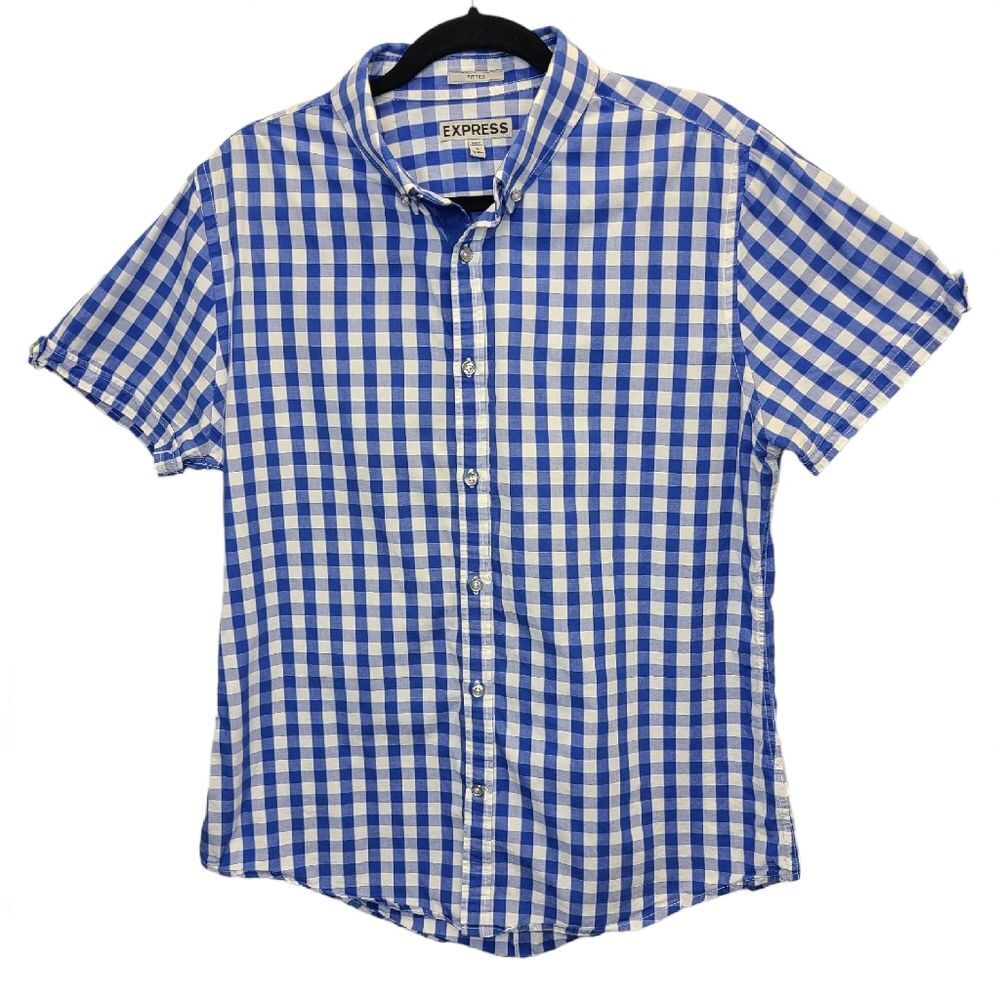 Express Mens Fitted Blue Gingham Cotton Short Sleeve Button Down Shirt L 16-16.5